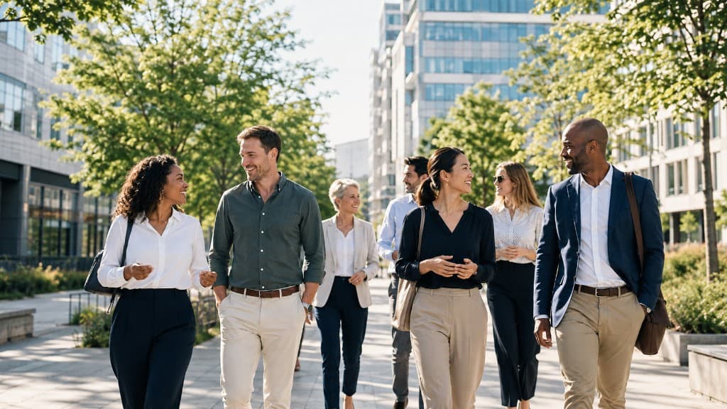Business professionals walking and talking outside modern offices