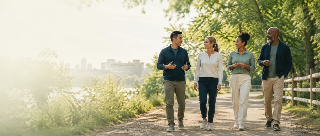 People walking and talking together on a sunlit path