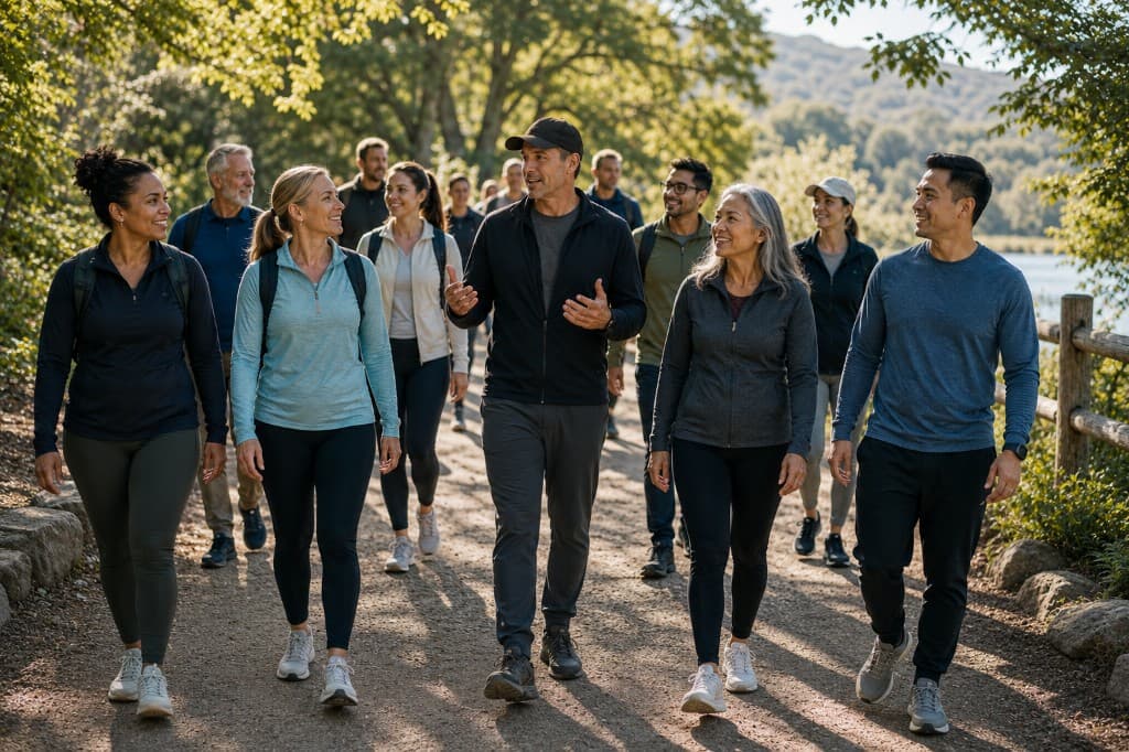 A diverse group of people walking together along a sunny tree-lined path
