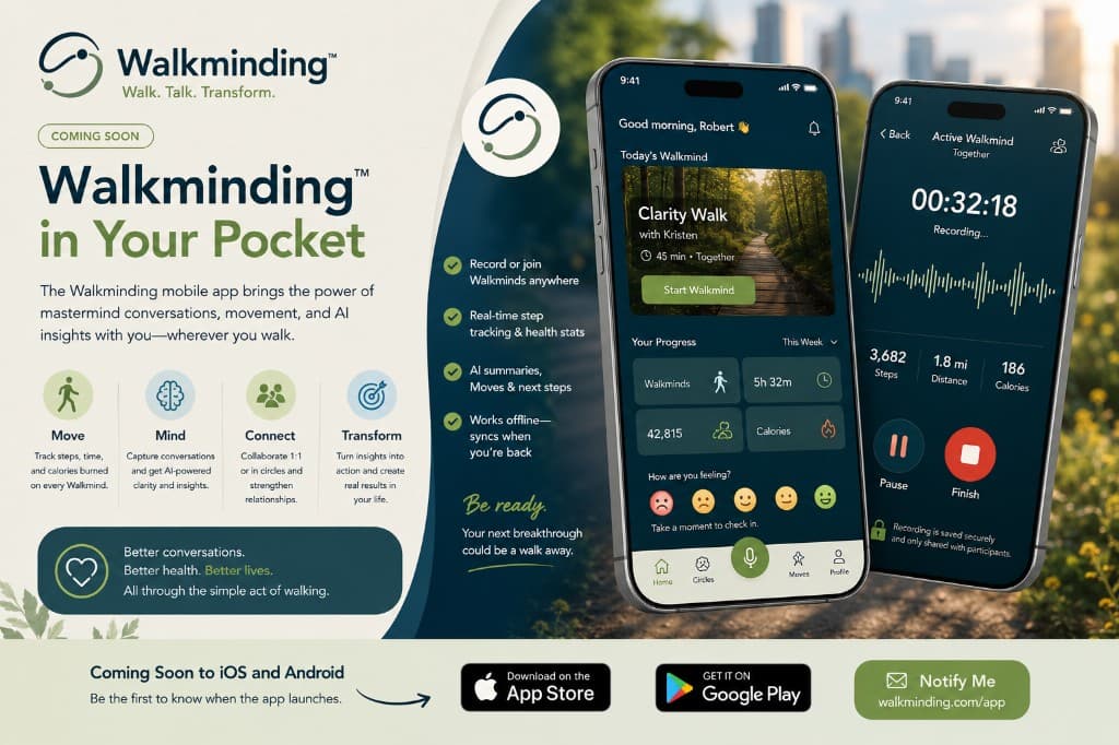 Preview of the planned Walkminding mobile app for iOS and Android