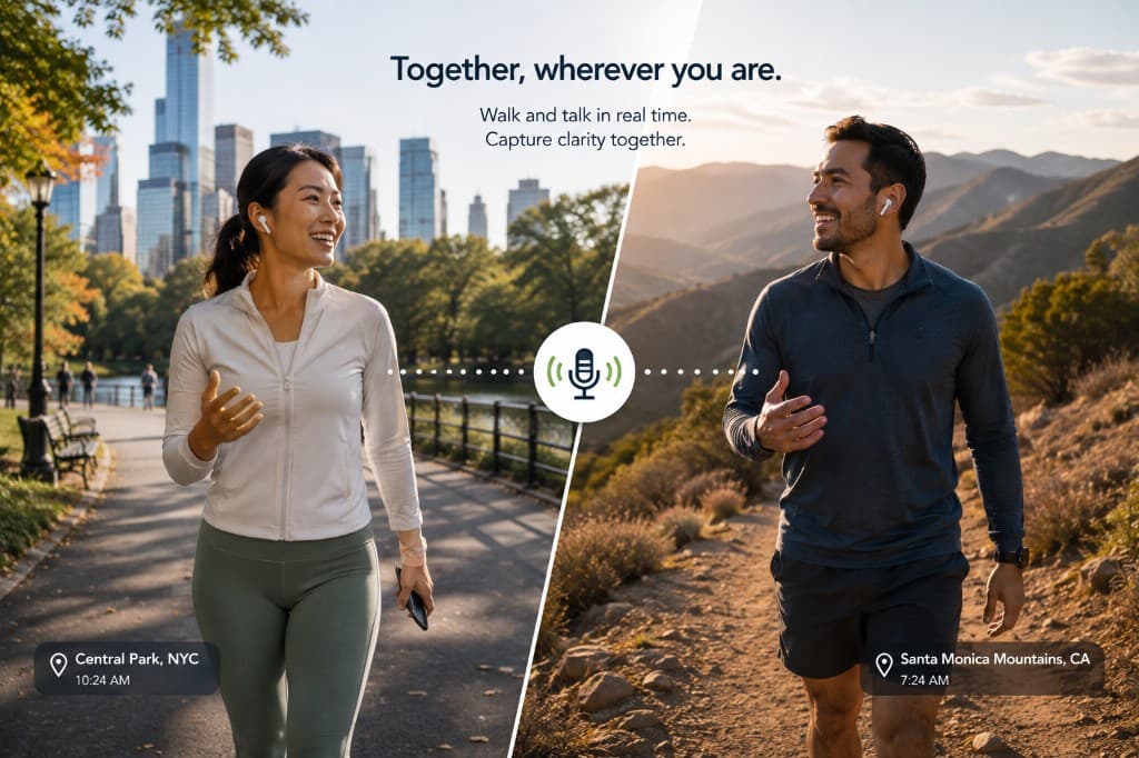 Two people walking in different places while connected in a remote Partner Walkmind