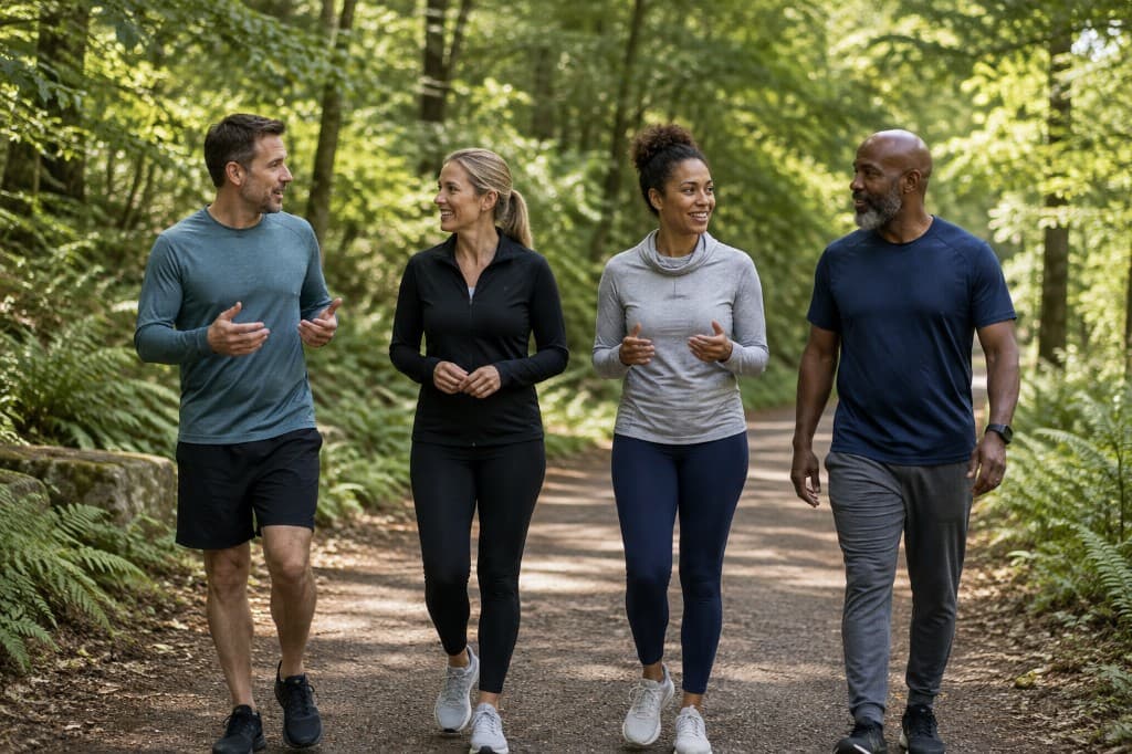 Four people walking and talking together on a wooded path