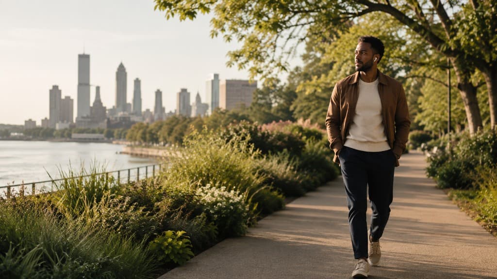 A man walking alone along an urban waterfront path at golden hour
