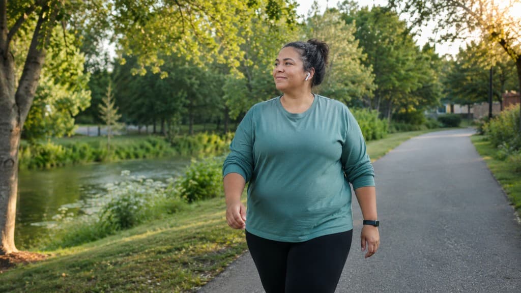 A woman walking on a park path, starting movement wherever she is